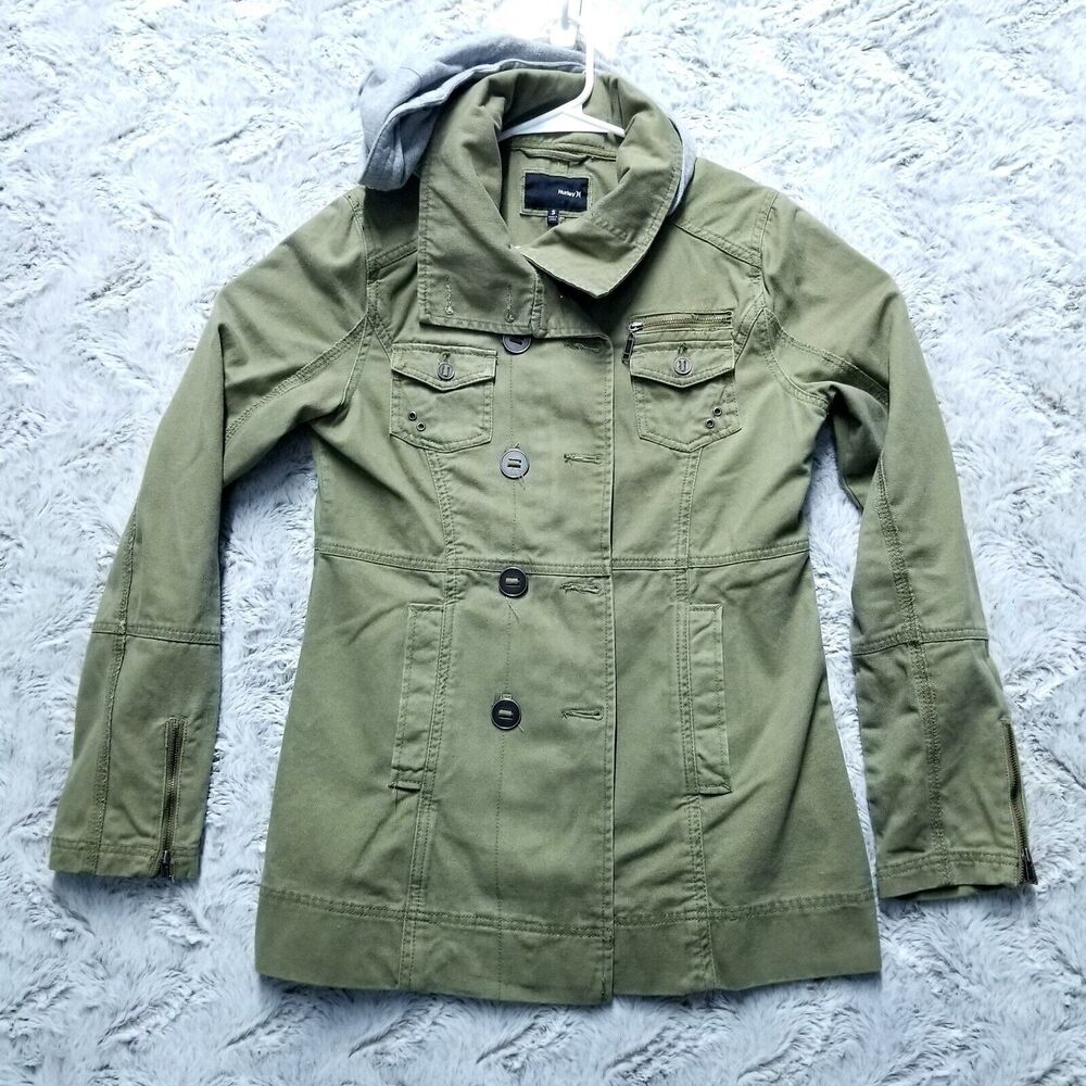 Hurley Jacket Womens Small Full Zip Knit Hood Green‎ Canvas Zip Pockets